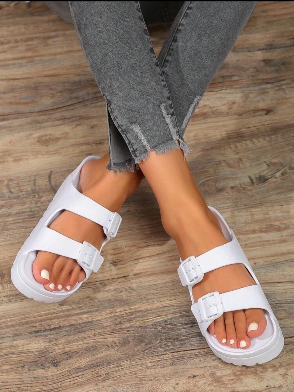 SHEIN White Double Buckle Slide Sandals